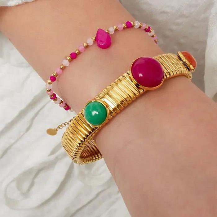 Armband Kralen Druppelbedel goud fuchsia