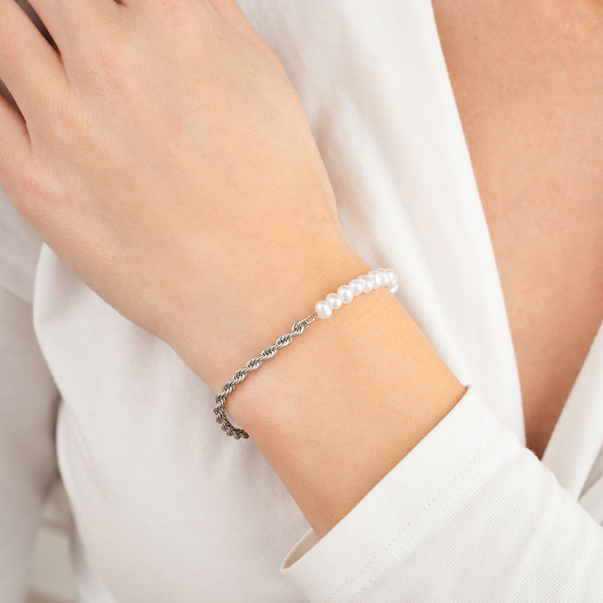 Armband Staal Parels zilver wit sfeer