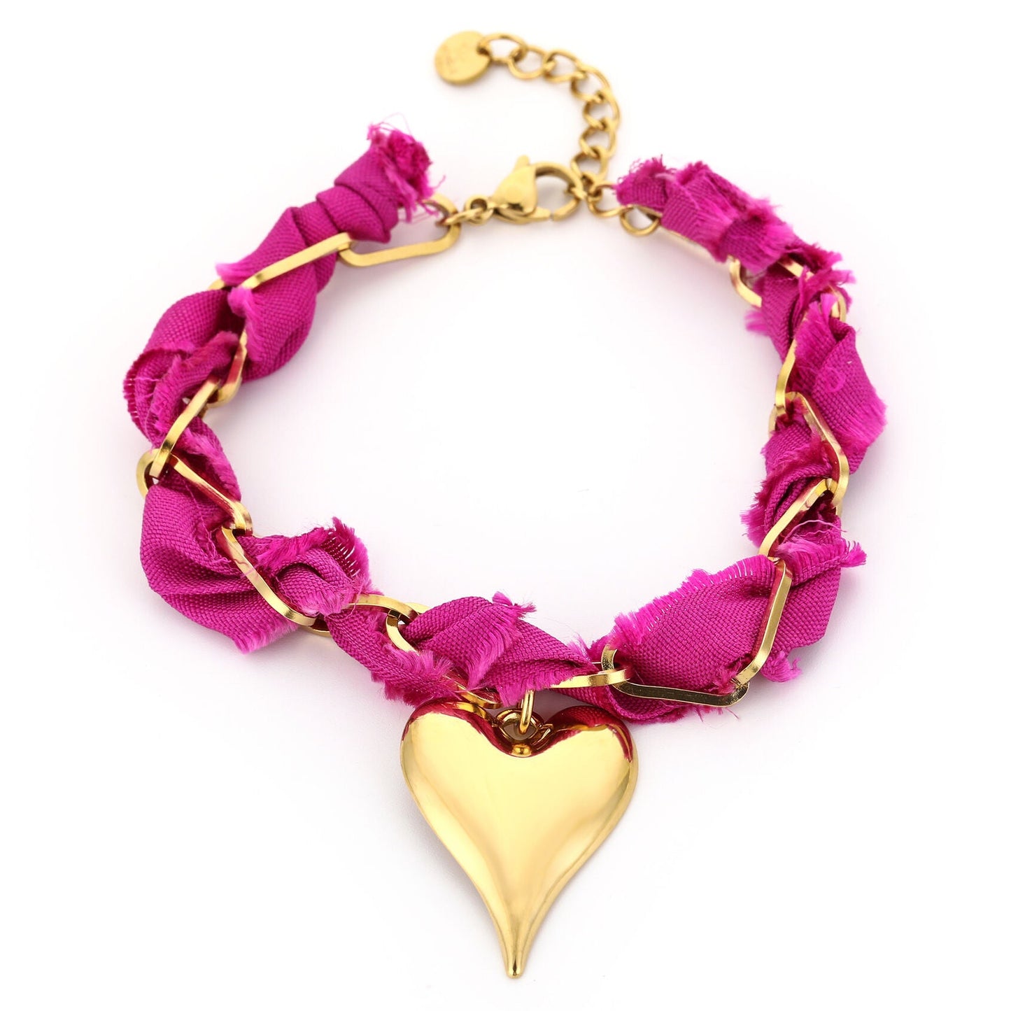 Armband Stof Hart goud fuchsia
