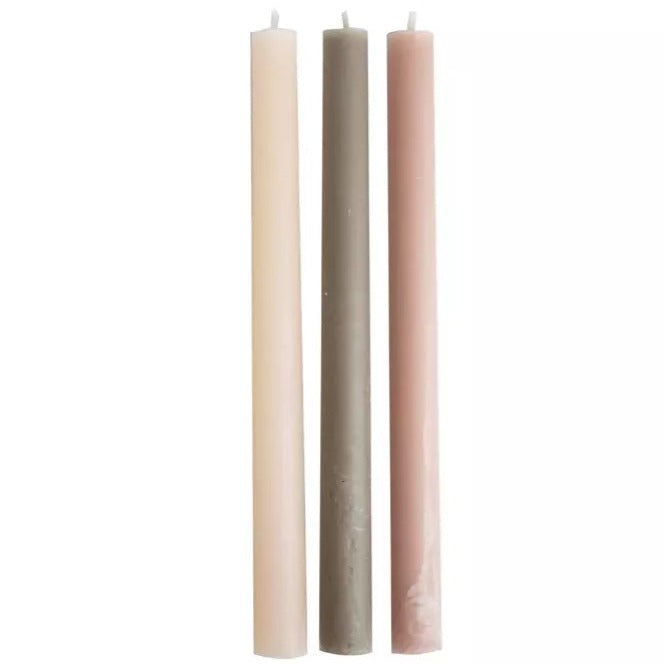 Dinerkaarsen Gentle set-van-3 offwhite mosgroen roze 7x2x25cm