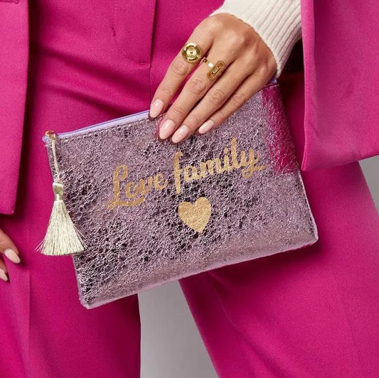 Make-up tas Metallic love family paars 21x15cm