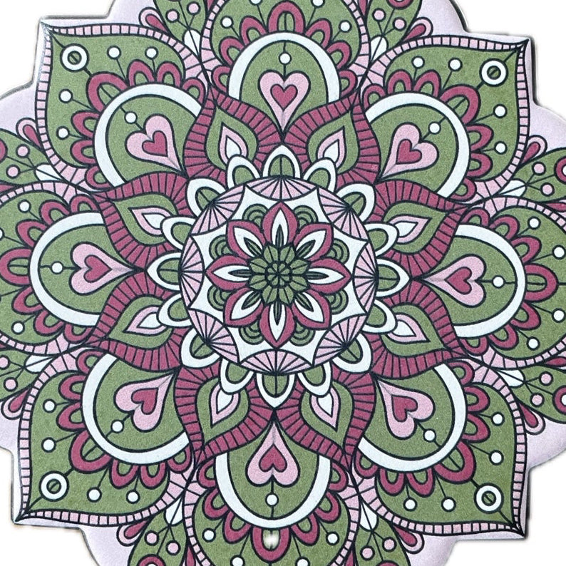 Onderzetter Mandala Bloem groen roze 11x11cm