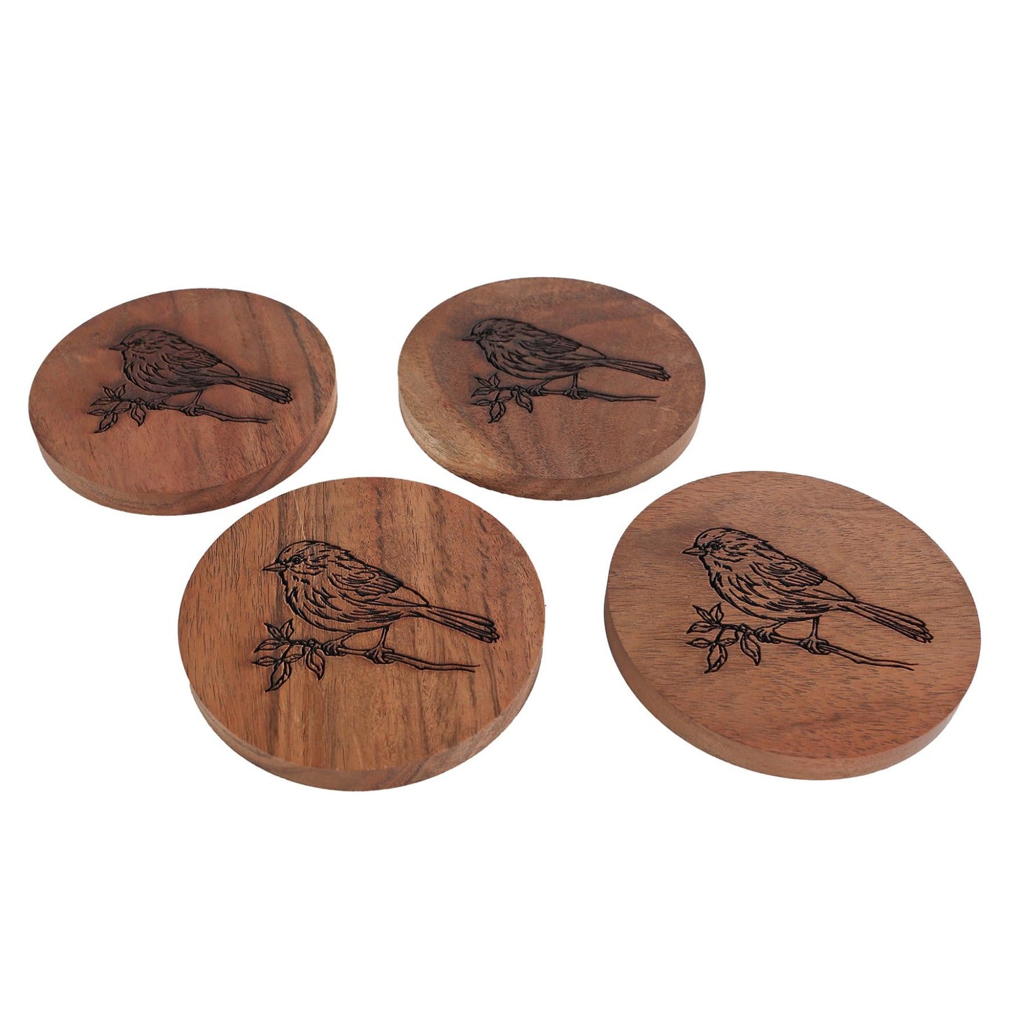 Onderzetters set-van-4 Bird Curved rond mangohout 10x10cm