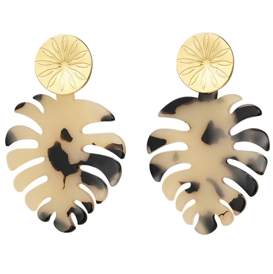 Oorbellen Blaadjes met print goud beige