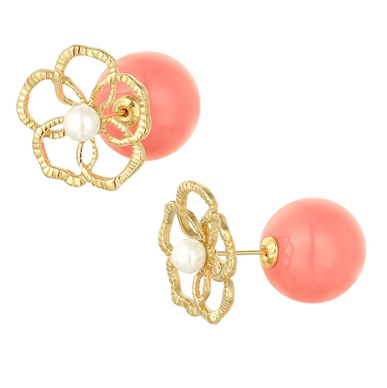 Oorbellen Bloem Parel goud koraal