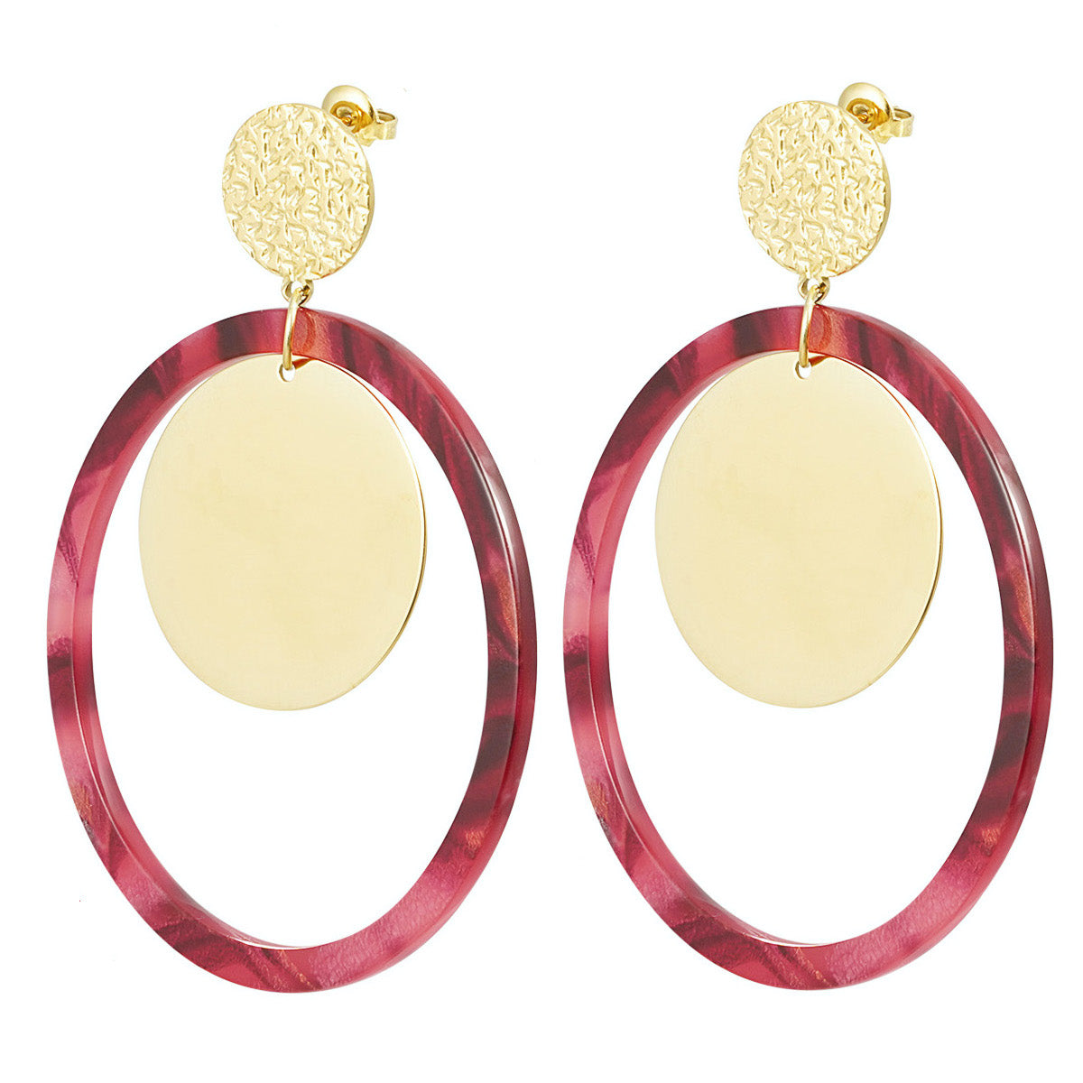 Oorbellen Cirkels met print goud rood