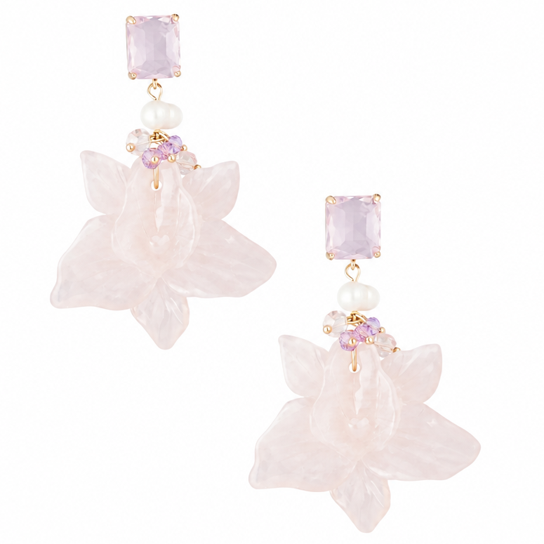 Oorbellen Bloemen Parel Feest goud babyroze