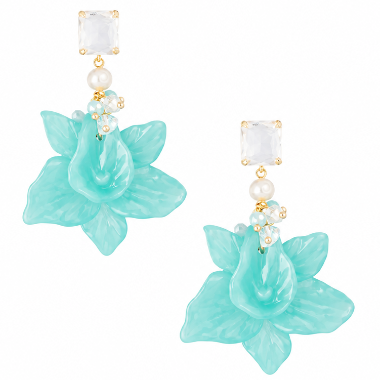 Oorbellen Bloemen Parel Feest goud blauw