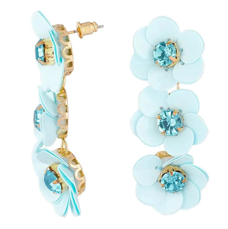 Oorbellen Bloemen Trio goud lichtblauw