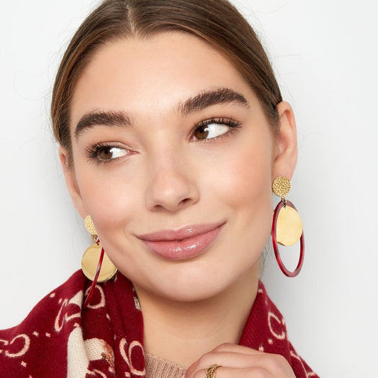 Oorbellen Cirkels met print goud rood