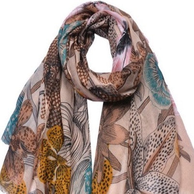 Sjaal Bloemen bruin paars 180x85cm
