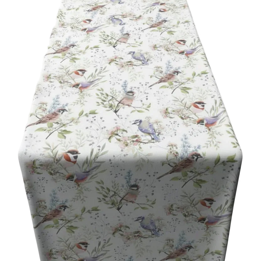Tafelloper Busy Birds wit roze 150x40cm