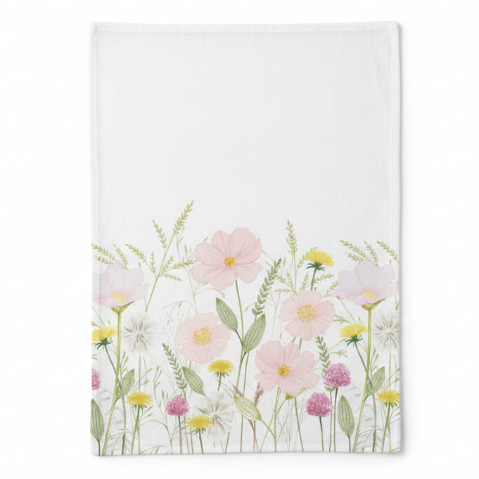 Theedoek Pastel Flowers wit roze 70x50cm