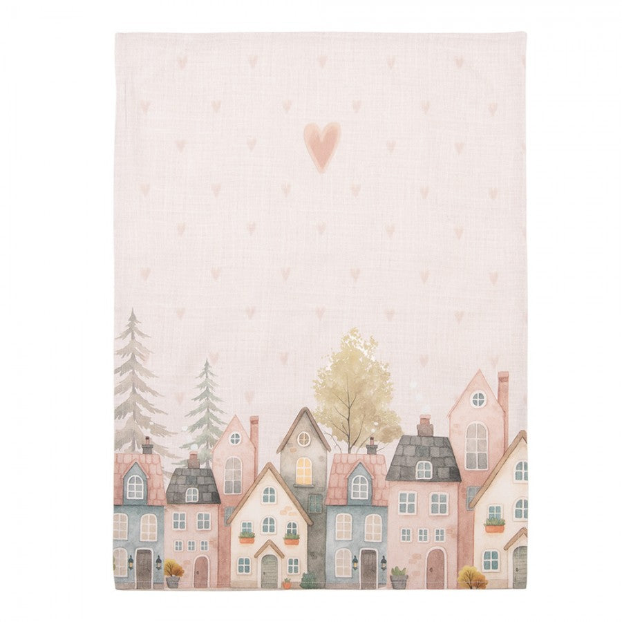 Theedoek Huisjes beige 70x50cm uitgevouwen