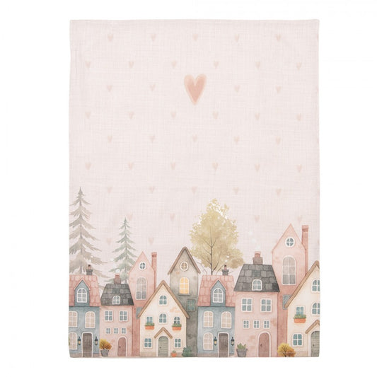 Theedoek Huisjes beige 70x50cm uitgevouwen