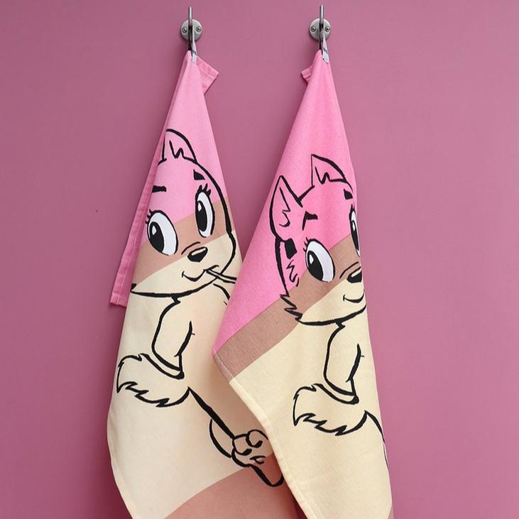 Keukendoek Marten Toonder Tom Poes roze geel 70x45cm