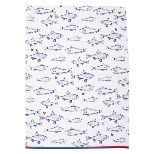 Theedoek Vissen wit blauw 70x50cm uitgevouwen
