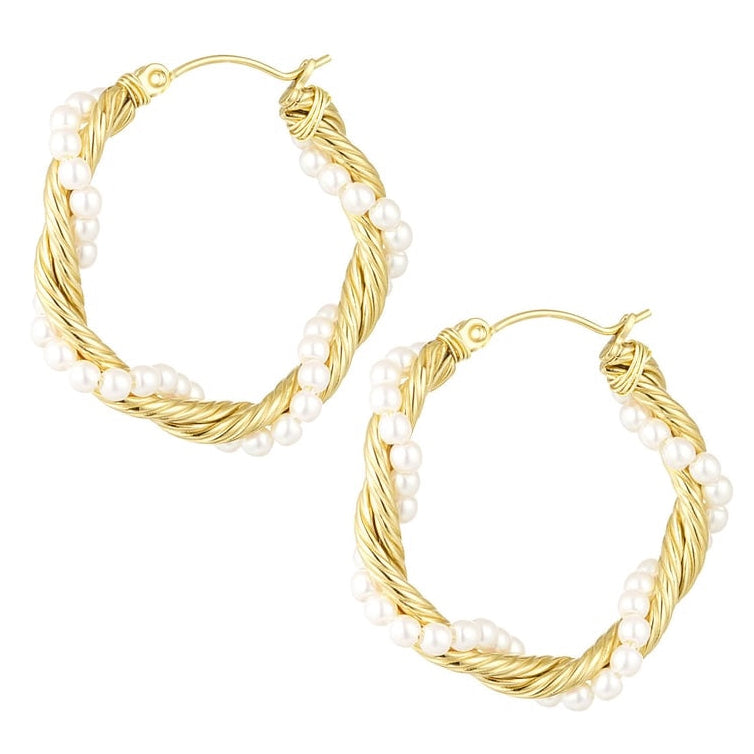Oorbellen Twisted Rope rond met Parels goud