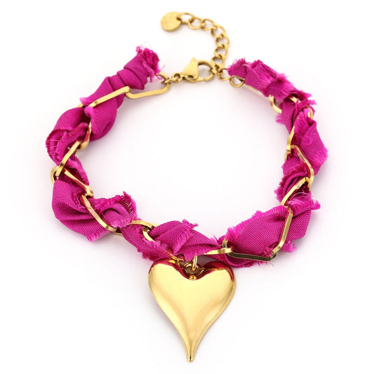 Armband Stof Hart goud fuchsia