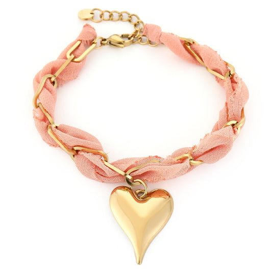 Armband Stof Hart goud roze
