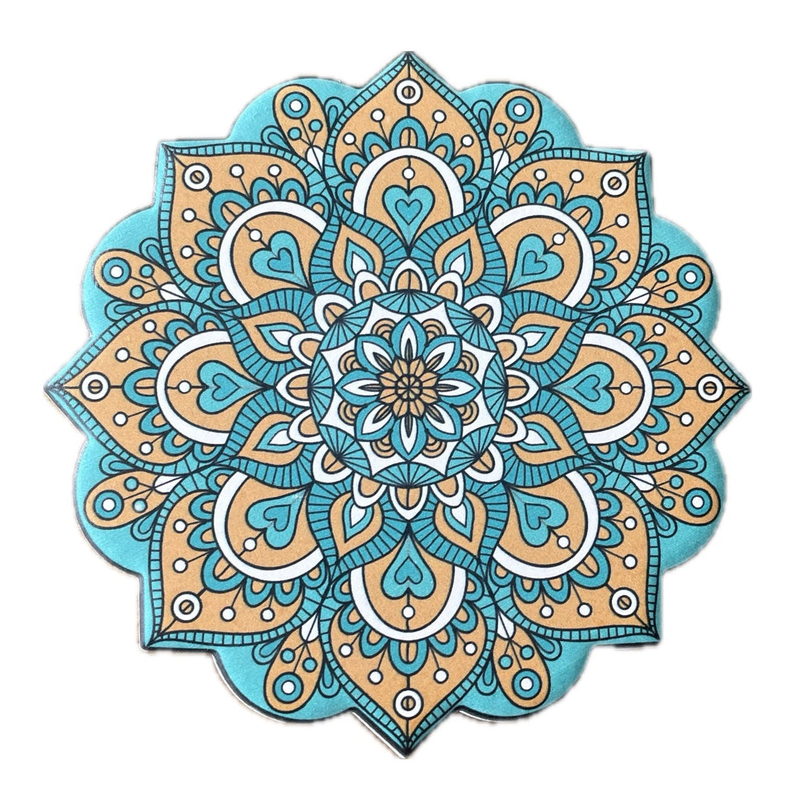 Onderzetter Mandala Bloem okergeel turquoise 11x11cm