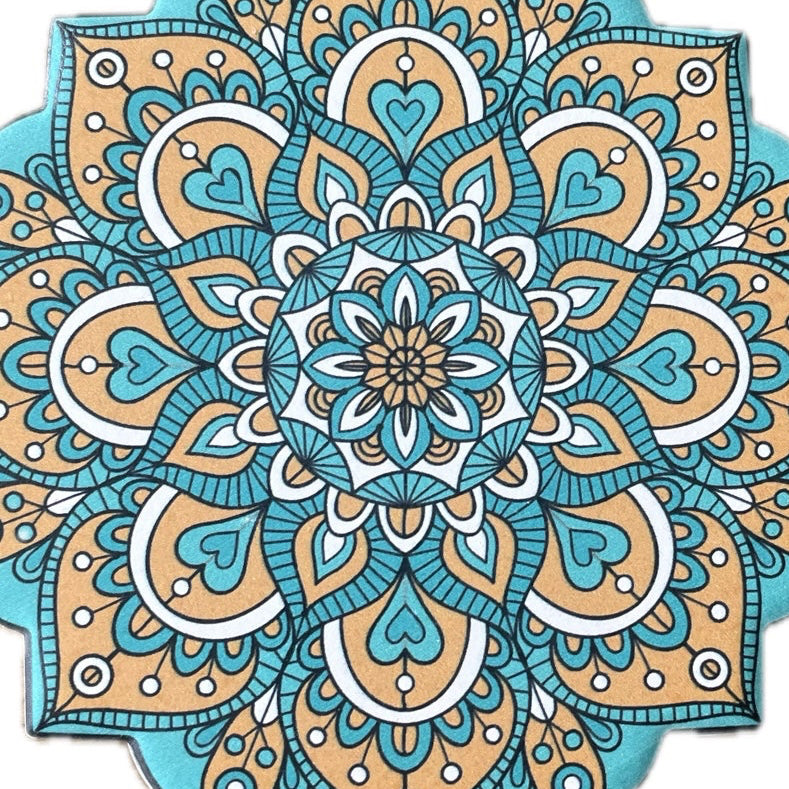 Onderzetter Mandala Bloem okergeel turquoise 11x11cm