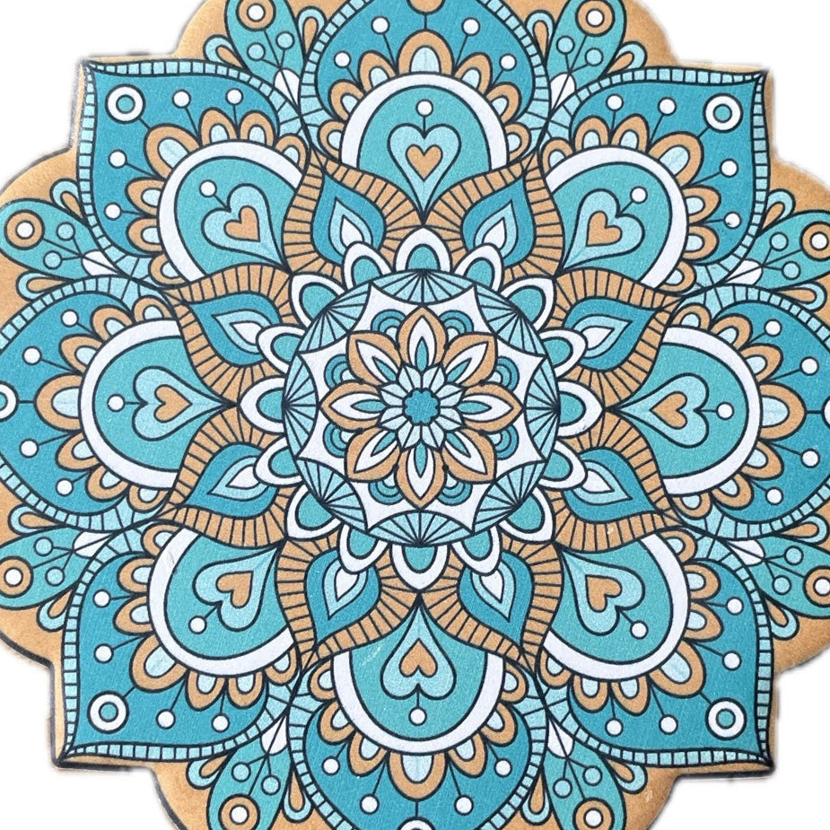 Onderzetter Mandala Bloem turqoise okergeel 11x11cm