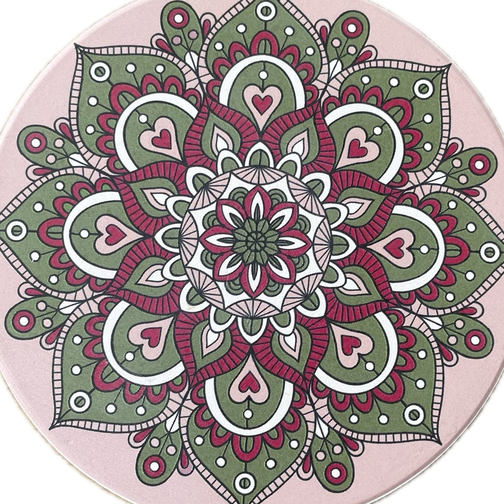 Onderzetter Mandala Rond groen lichtroze 11x11cm