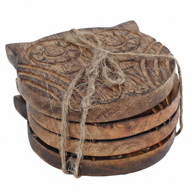 Onderzetters set-van-4 Uil mangohout 10x10cm set