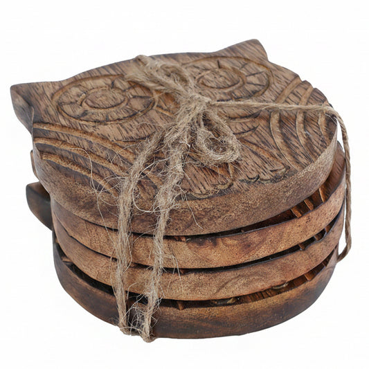 Onderzetters set-van-4 Uil mangohout 10x10cm set