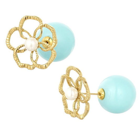 Oorbellen Bloem Parel goud blauw