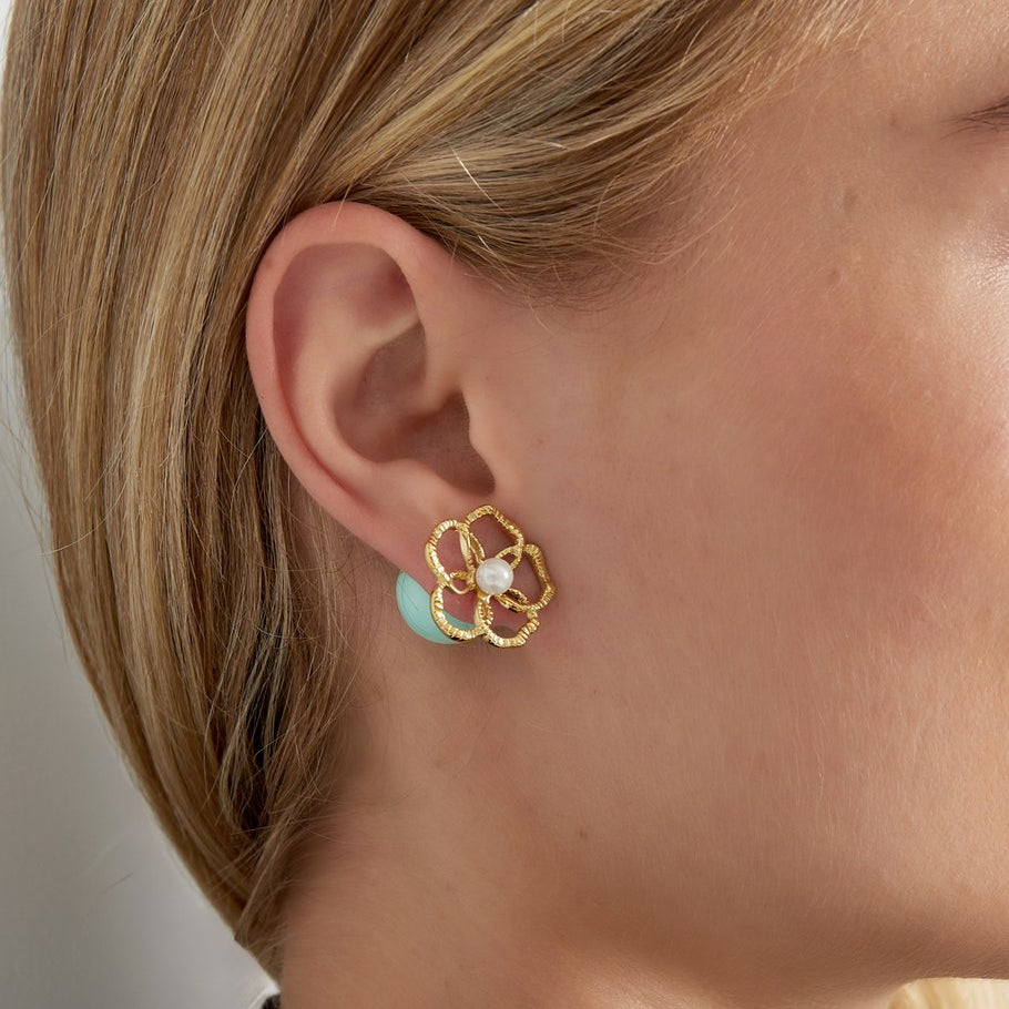Oorbellen Bloem Parel goud blauw