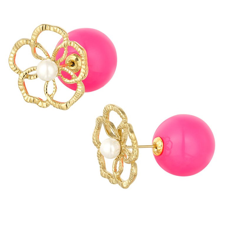 Oorbellen Bloem Parel goud fuchsia