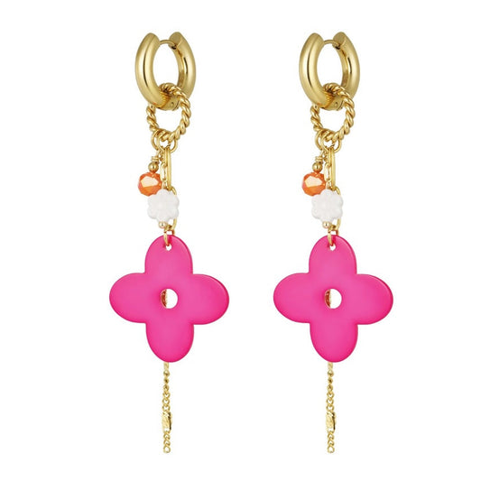 Oorbellen Flower Power goud fuchsia