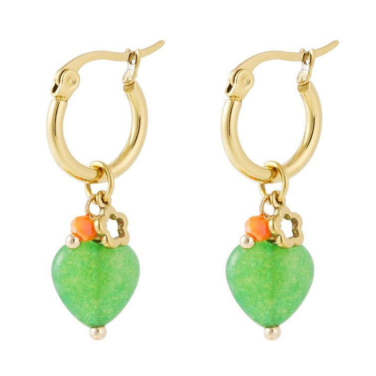 Oorbellen Hartje en Bloem goud groen