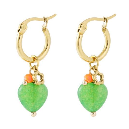 Oorbellen Hartje en Bloem goud groen