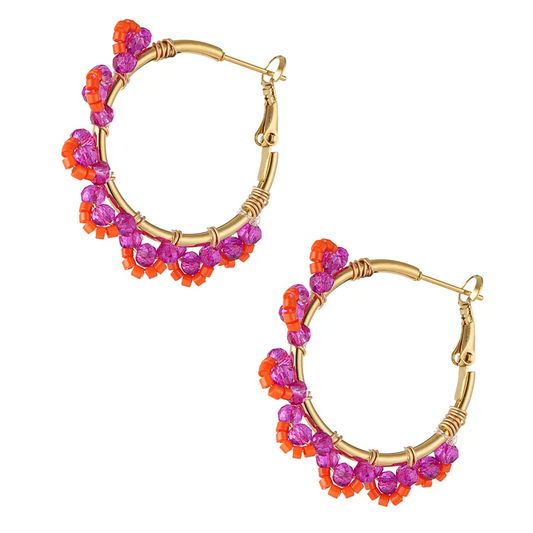 Oorbellen Beads Party goud fuchsia