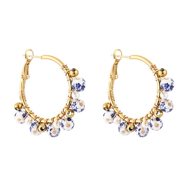 Oorbellen Bedels Strand goud wit blauw vooraanzicht