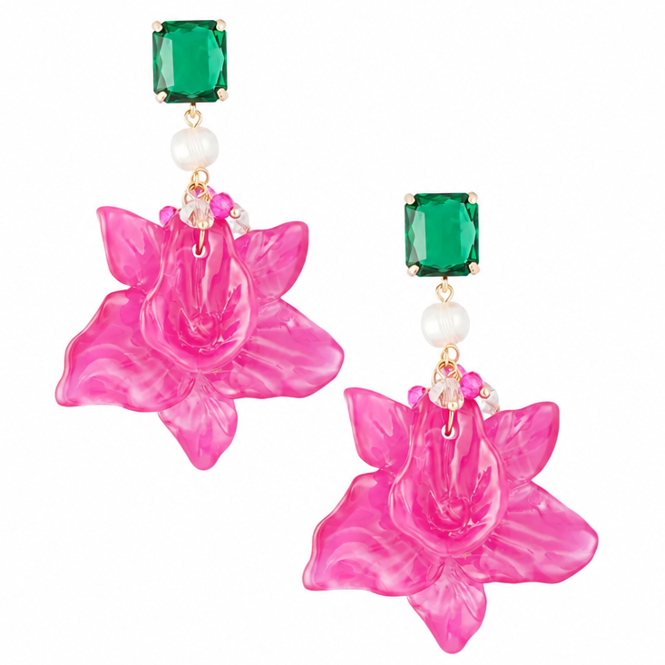 Oorbellen Bloemen Parel Feest goud fuchsia