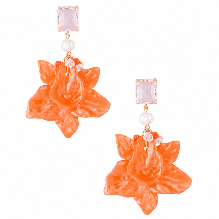 Oorbellen Bloemen Parel Feest goud oranje