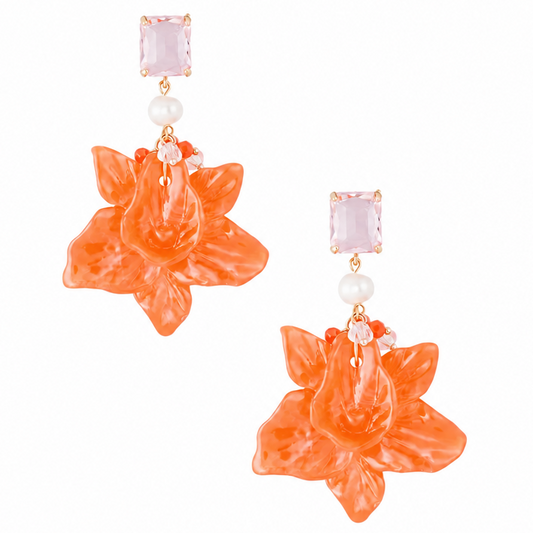 Oorbellen Bloemen Parel Feest goud oranje
