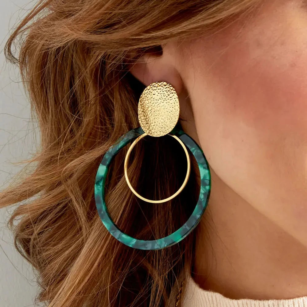 Oorbellen Cirkels met Print goud groen detail