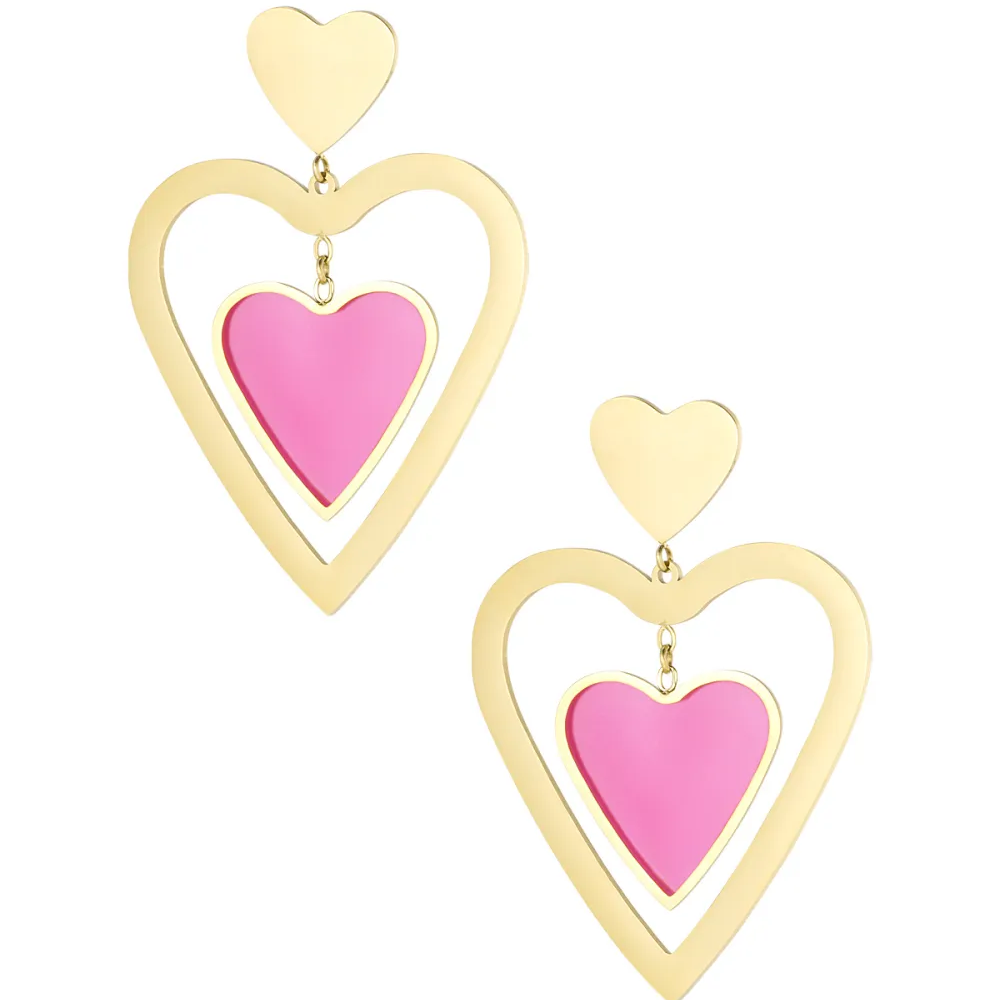 Oorbellen Dubbel Hart goud roze