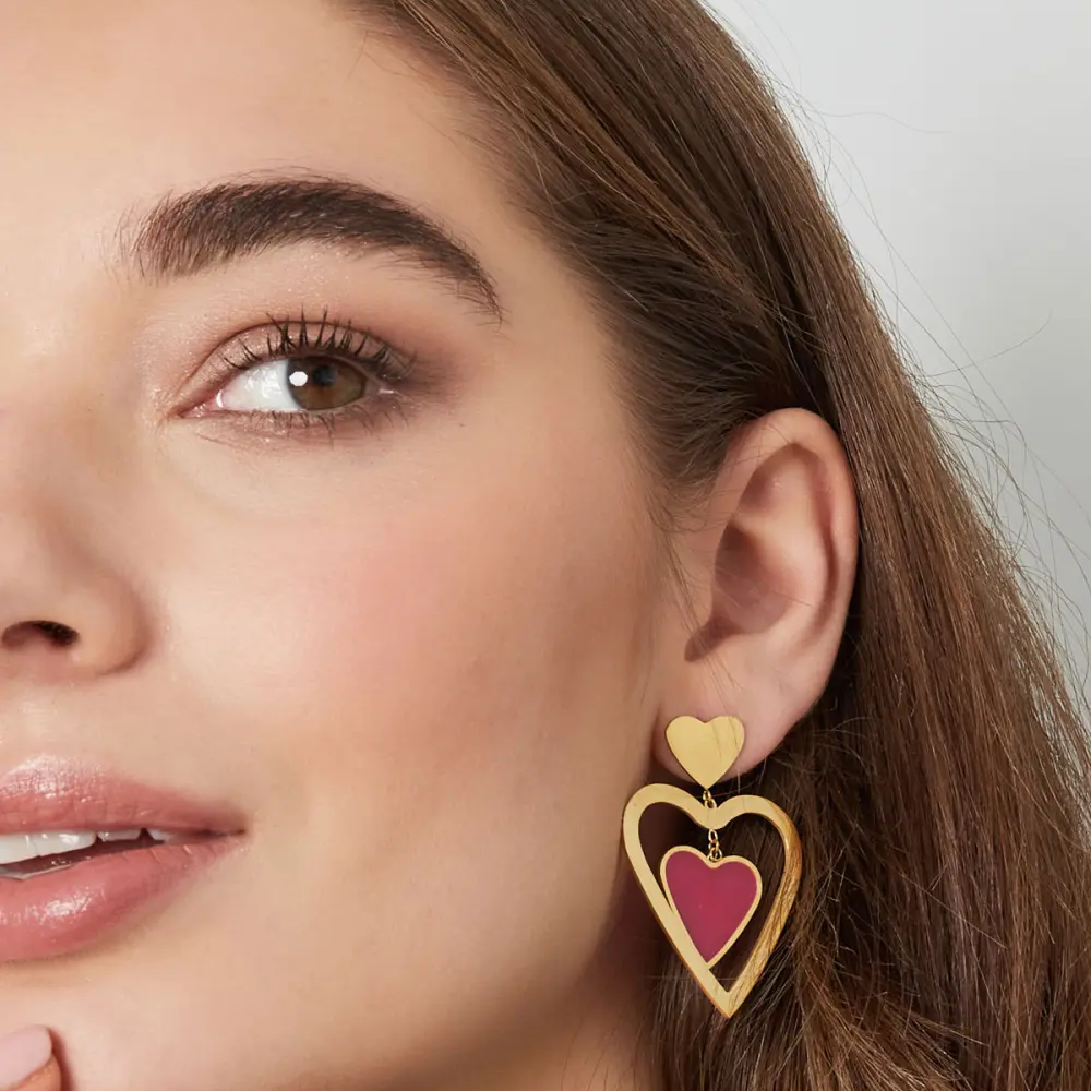 Oorbellen Dubbel Hart goud roze detail
