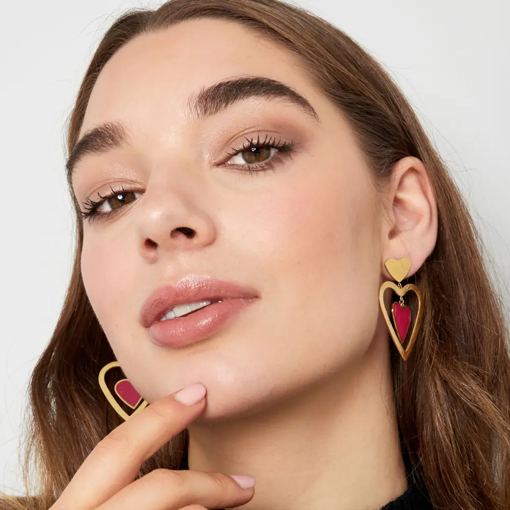 Oorbellen Dubbel Hart goud roze model