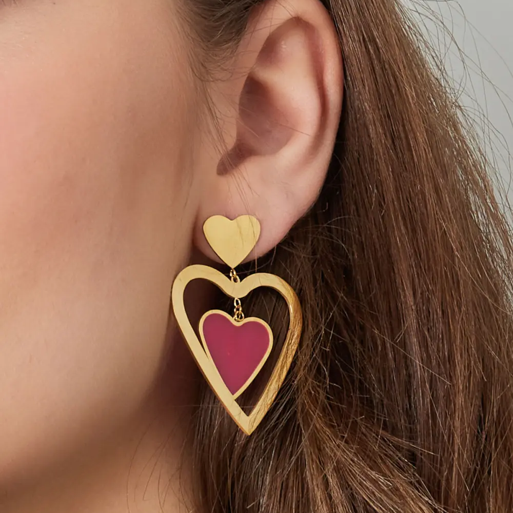 Oorbellen Dubbel Hart goud roze model detail;