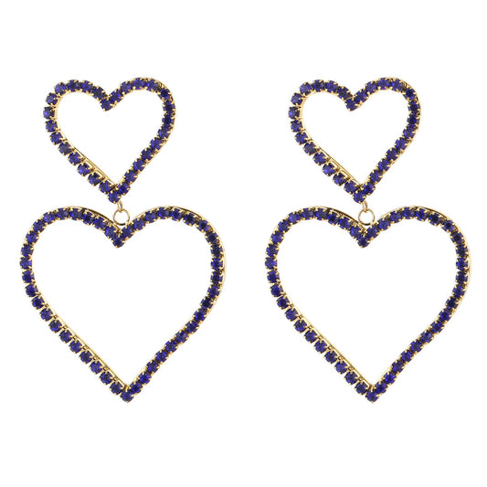 Oorbellen Dubbele Hart Strass goud blauw