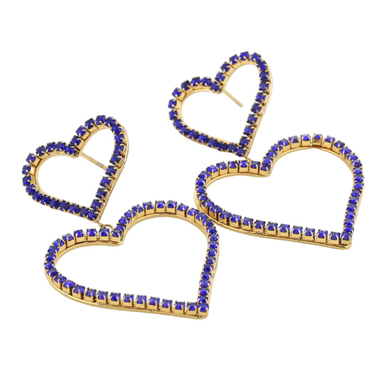 Oorbellen Dubbele Hart Strass goud blauw liggend