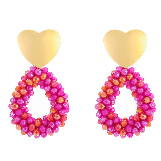 Oorbellen Kralen Party Hart goud fuchsia mix