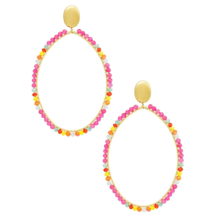 Oorbellen Ovaal Hanger Kralen goud roze multi